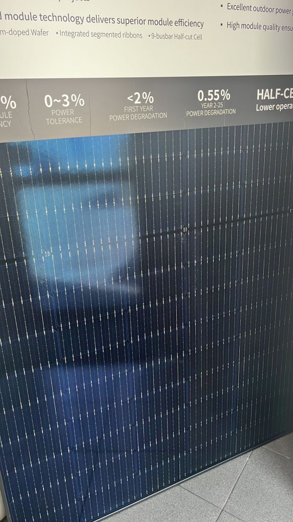 Close up af et 405w LONGi Hi-MO all black solcellepanel i dens indpakningsform