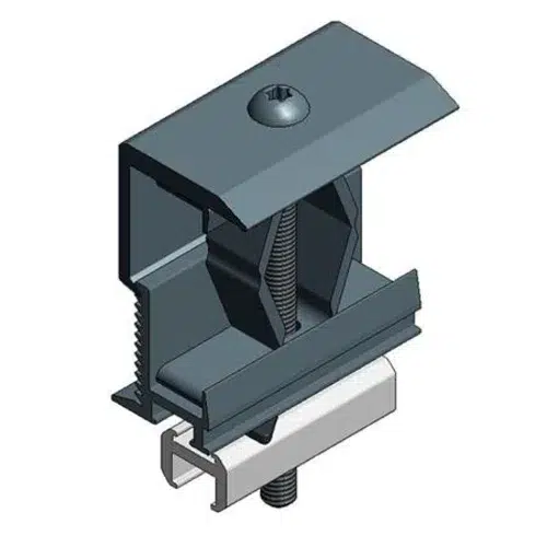 En sort endeklemme af aluminium fra Van der Valk med en spændevidde på 28-50mm, der bruges til at fastgøre moduler på en aluminiums profil